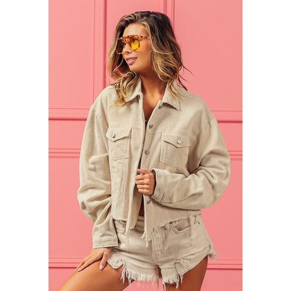 BiBi Vintage Washed Distressed Front Hem Relaxed Fit Corduroy Jacket | Oatmeal - Picture 3 of 7